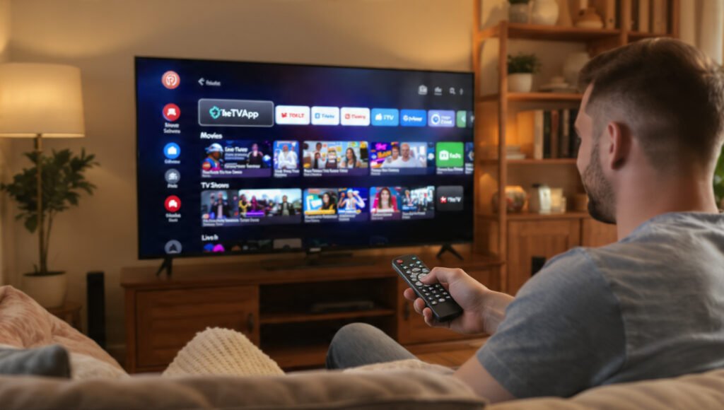 A person using a smart TV remote to stream content on TheTVApp with the TV showing the app’s interface.