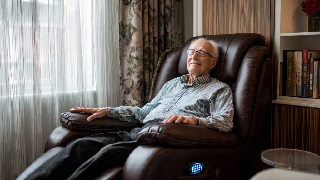 Senior sitting in a recliner chair with built-in massage for pain relief.