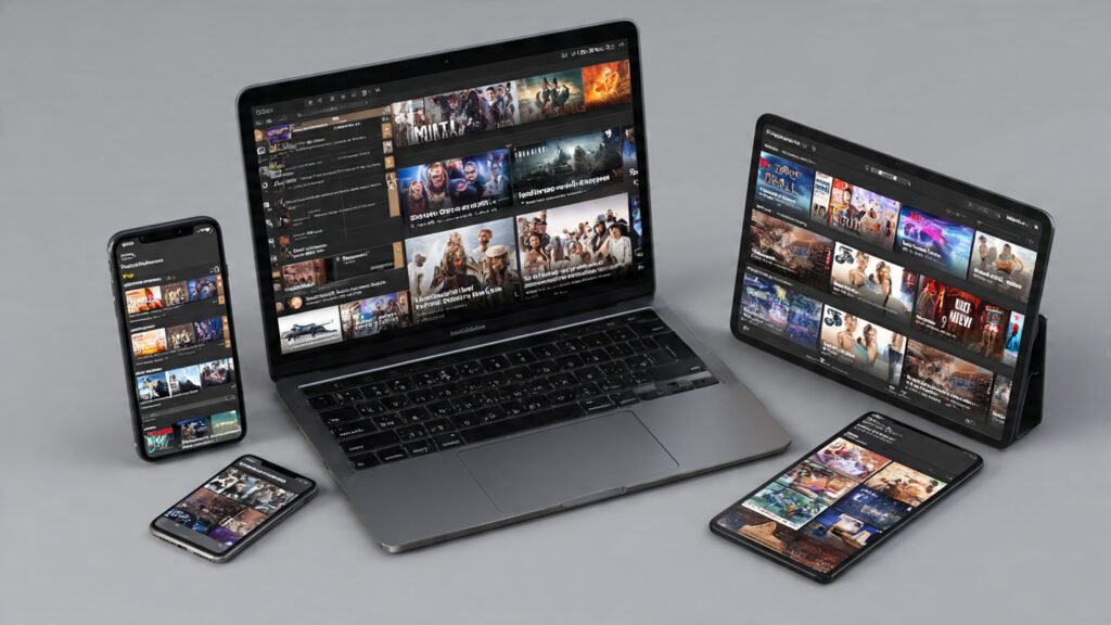 Multiple devices showing TheTVApp streaming content simultaneously: a smartphone, tablet, and laptop.